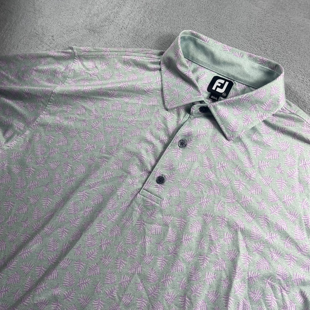 FootJoy Mens 2XL ProDry Golf Polo Shirt Mint Lavender Fern Leaf Print Short Slv